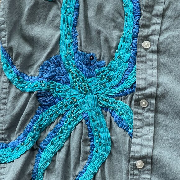 Buck Mason Shirt Mens L Gray Blue Embroidered Octopus Beaded Art Chris Hynds - Picture 8 of 13